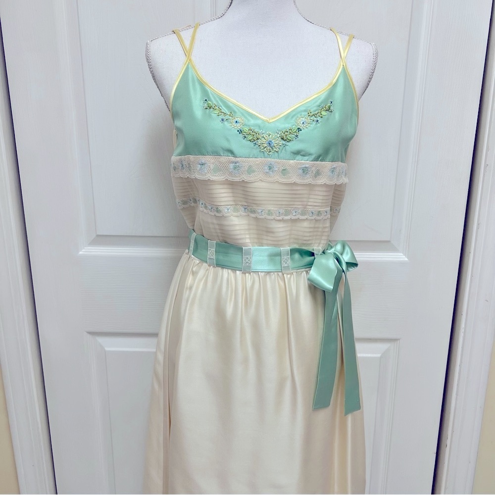 Spenser Jeremy | Cream and Teal Silk Dress | Size 6